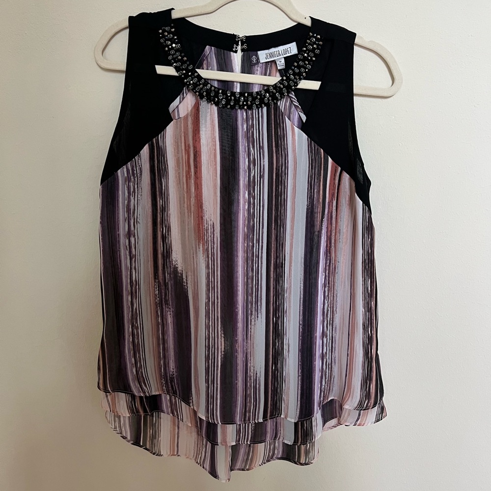 Jennifer Lopez Womens Beaded Neckline Top M